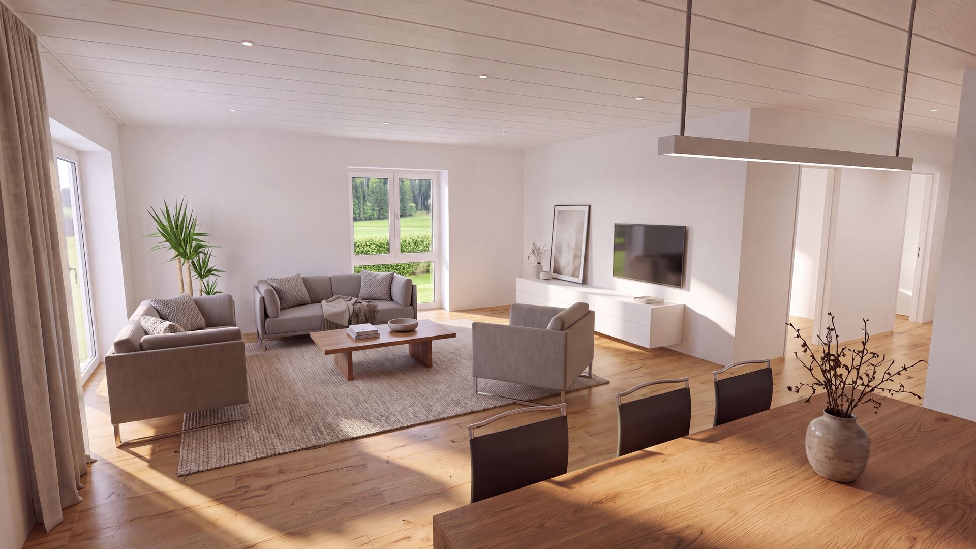 Visualisierung des Wohnbereichs mit Parkett, heller Paneelendecke und Blick zum Balkon